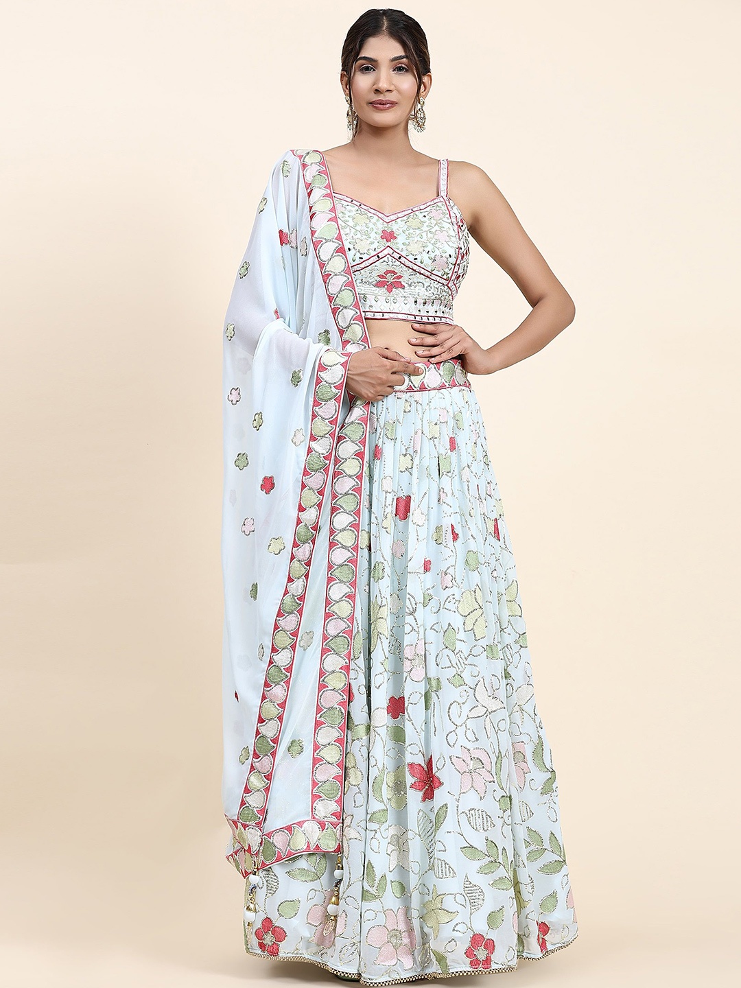 

VANAKARA Embellished Shoulder Straps Sequinned Ready to Wear Lehenga & Blouse With Dupatta, Blue