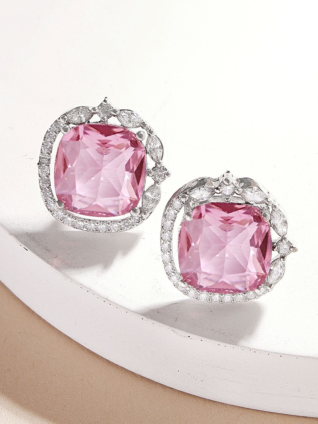 

KARATCART Silver-Plated American Diamond Studded Contemporary Studs Earrings