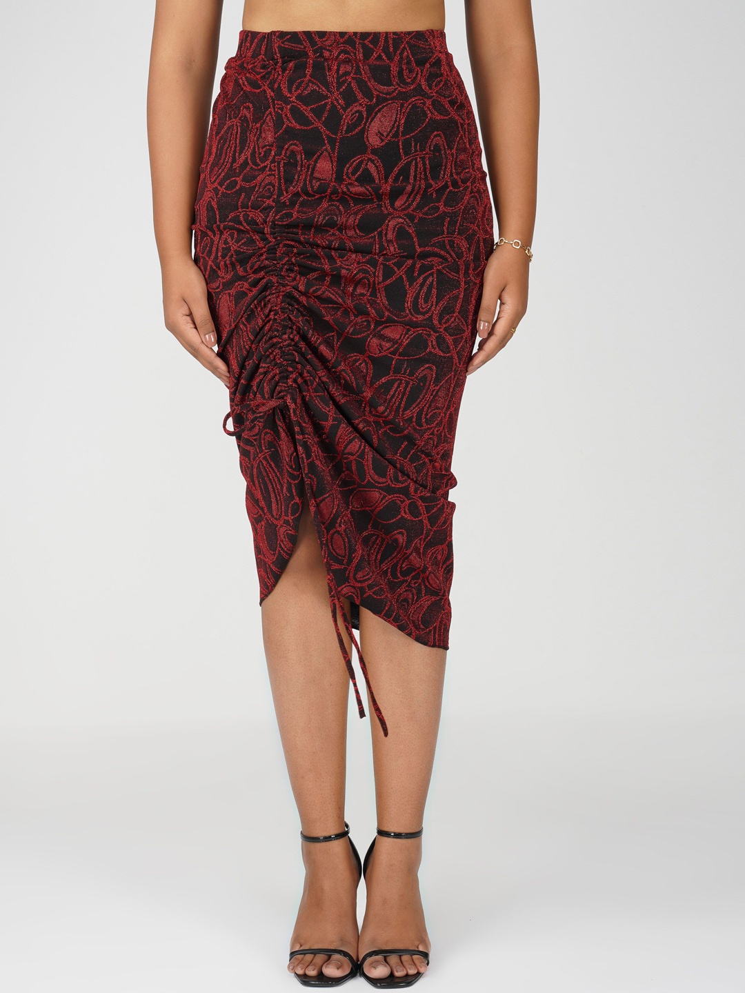 

Bindigasm Women Self Design Pencil Knee-Length Skirt, Red