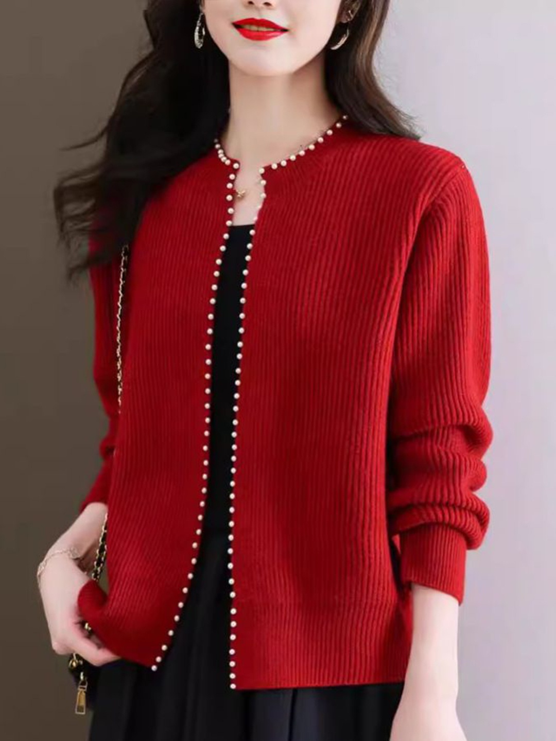 

StyleCast Women Ribbed Cardigan with Embellished Detail, Red