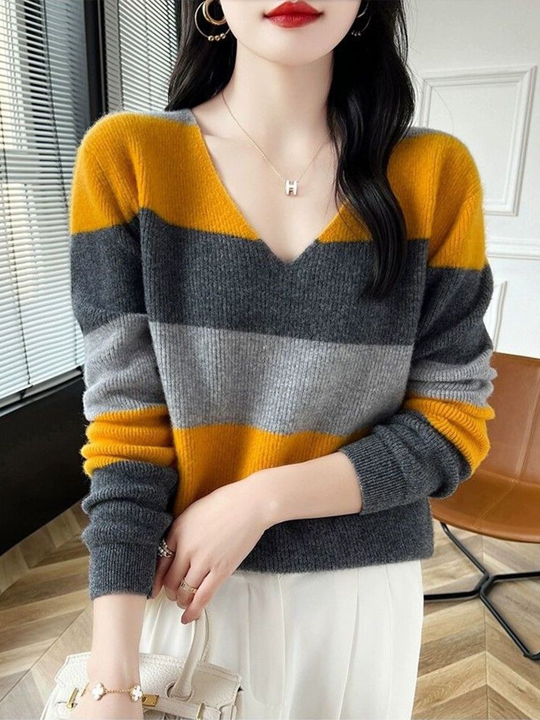 

StyleCast Women Striped Pullover Sweater, Yellow