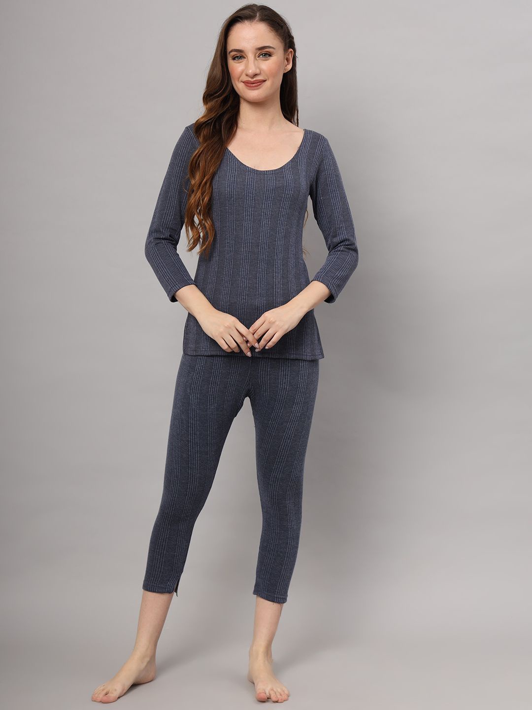 

FUNAHME Women Round Neck Striped Casual Thermal Set, Blue