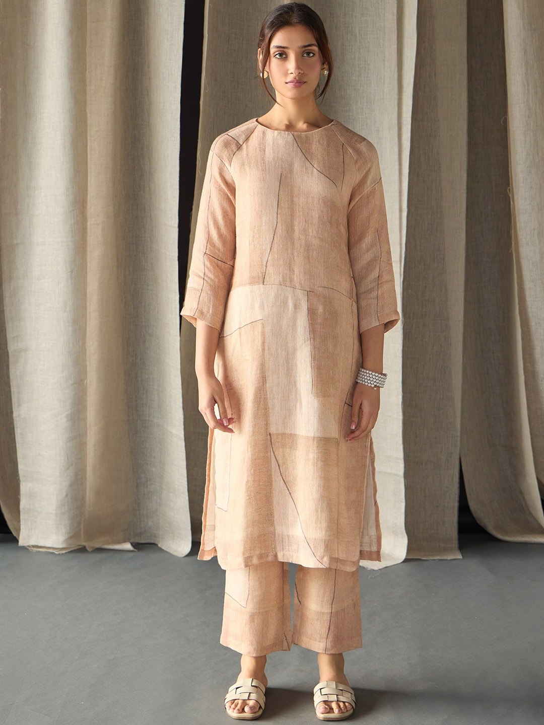 

Bombay Bloom Abstract Printed Regular Pure Hemp Straight Kurta with Trousers, Peach