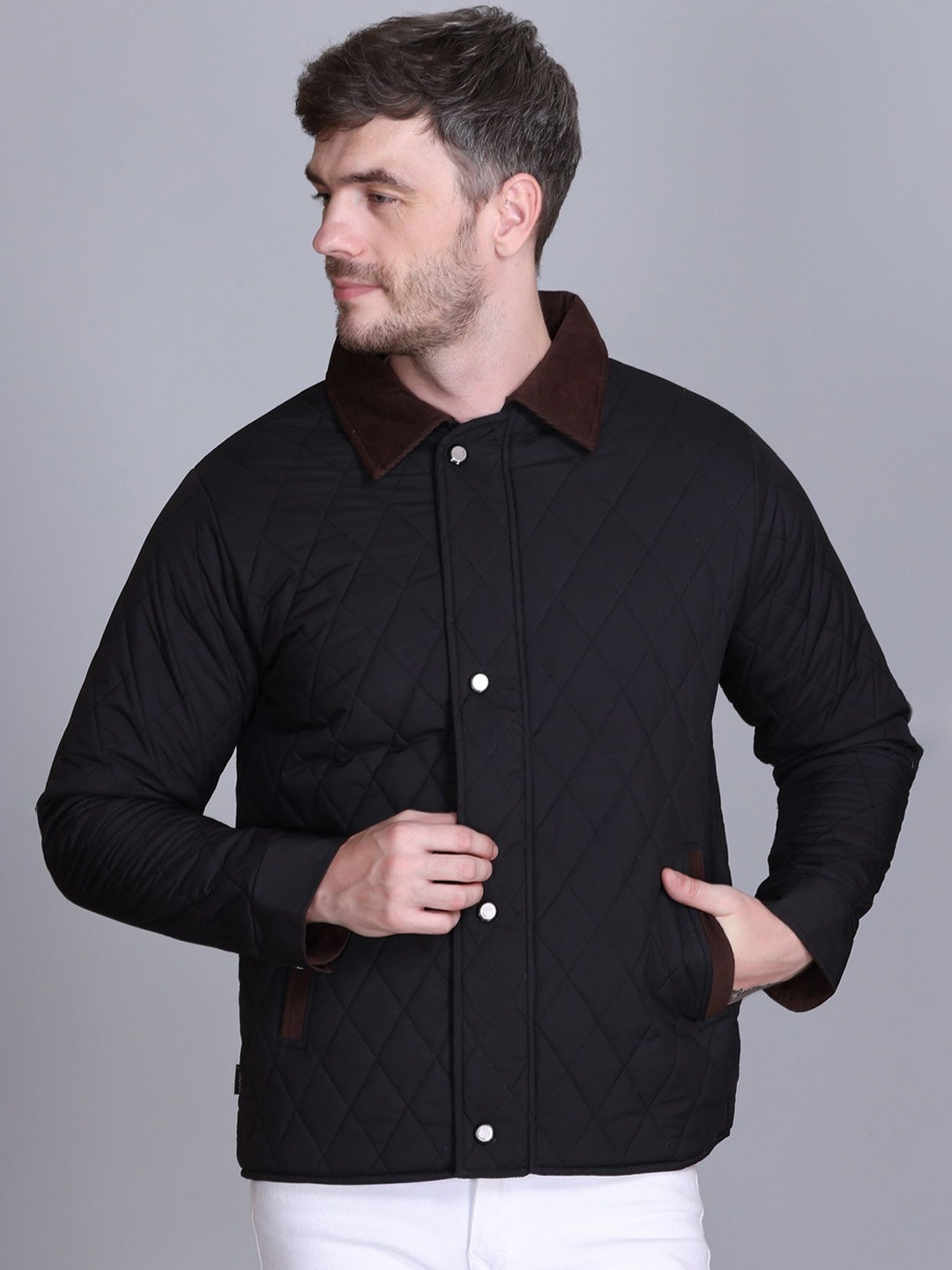 

Roadking Men Spread Collar Solid Casual Quilted Jacket, Black