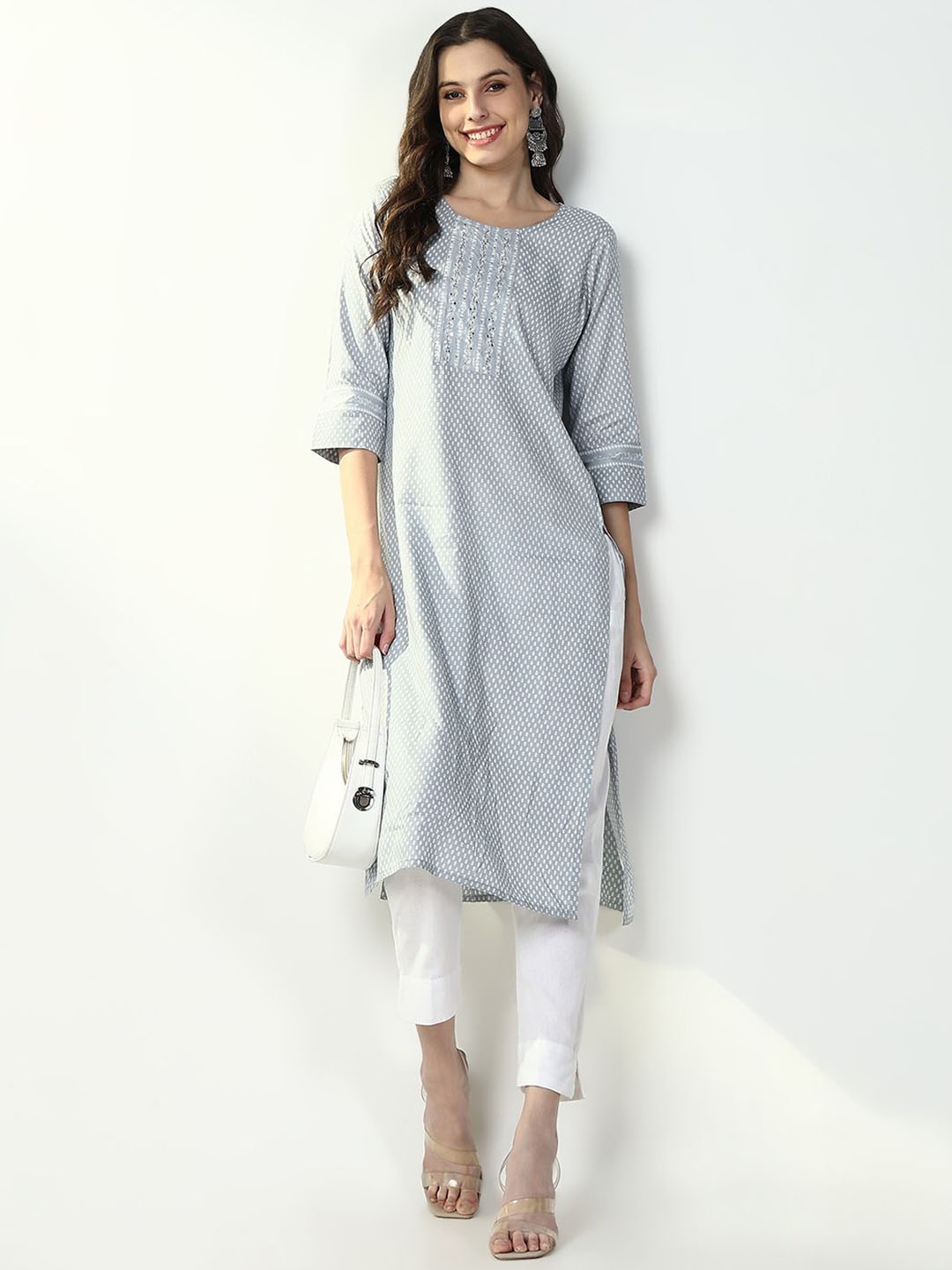

SHOWOFF Floral Printed Mirror Work Cotton Straight Kurta, Grey