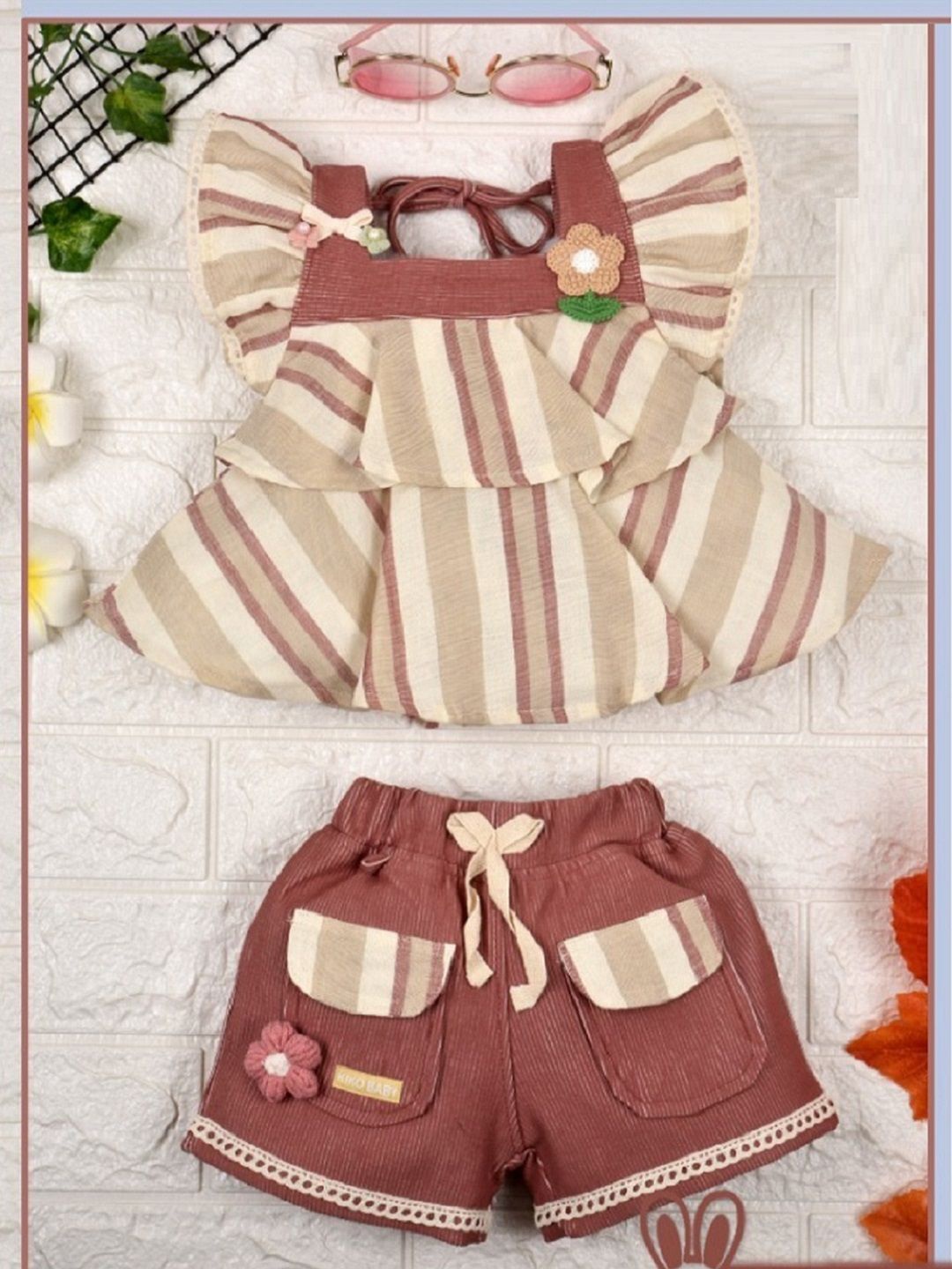 

KIKO Girls Striped Top with Shorts, Beige