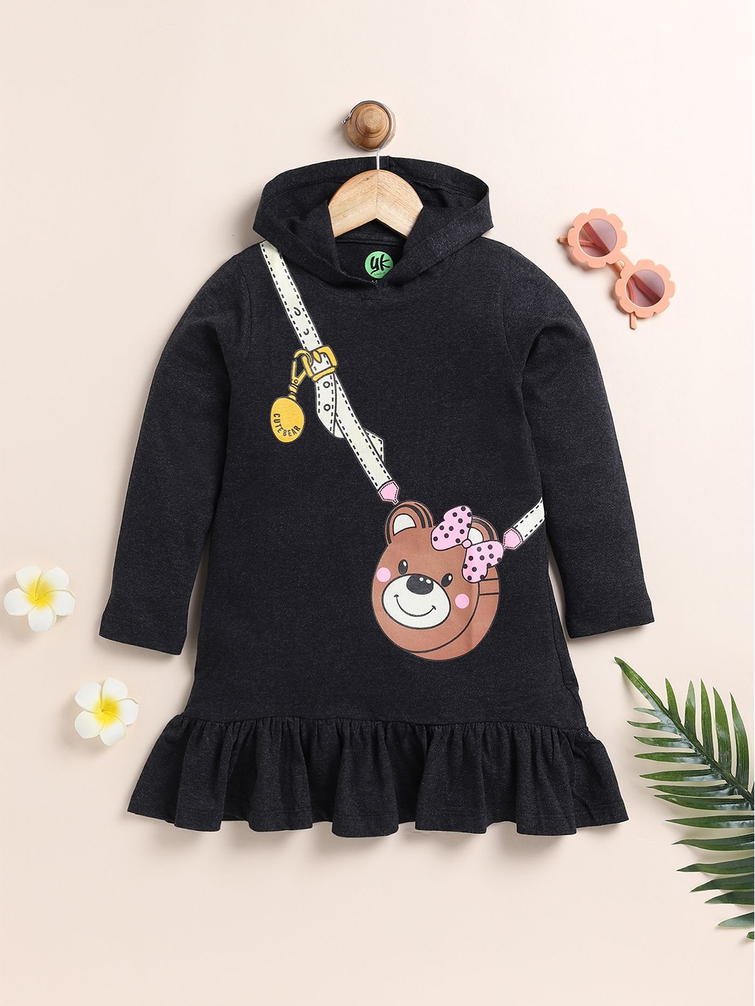 

YK Girls Printed Cotton Hooded Drop-Waist Dress, Black