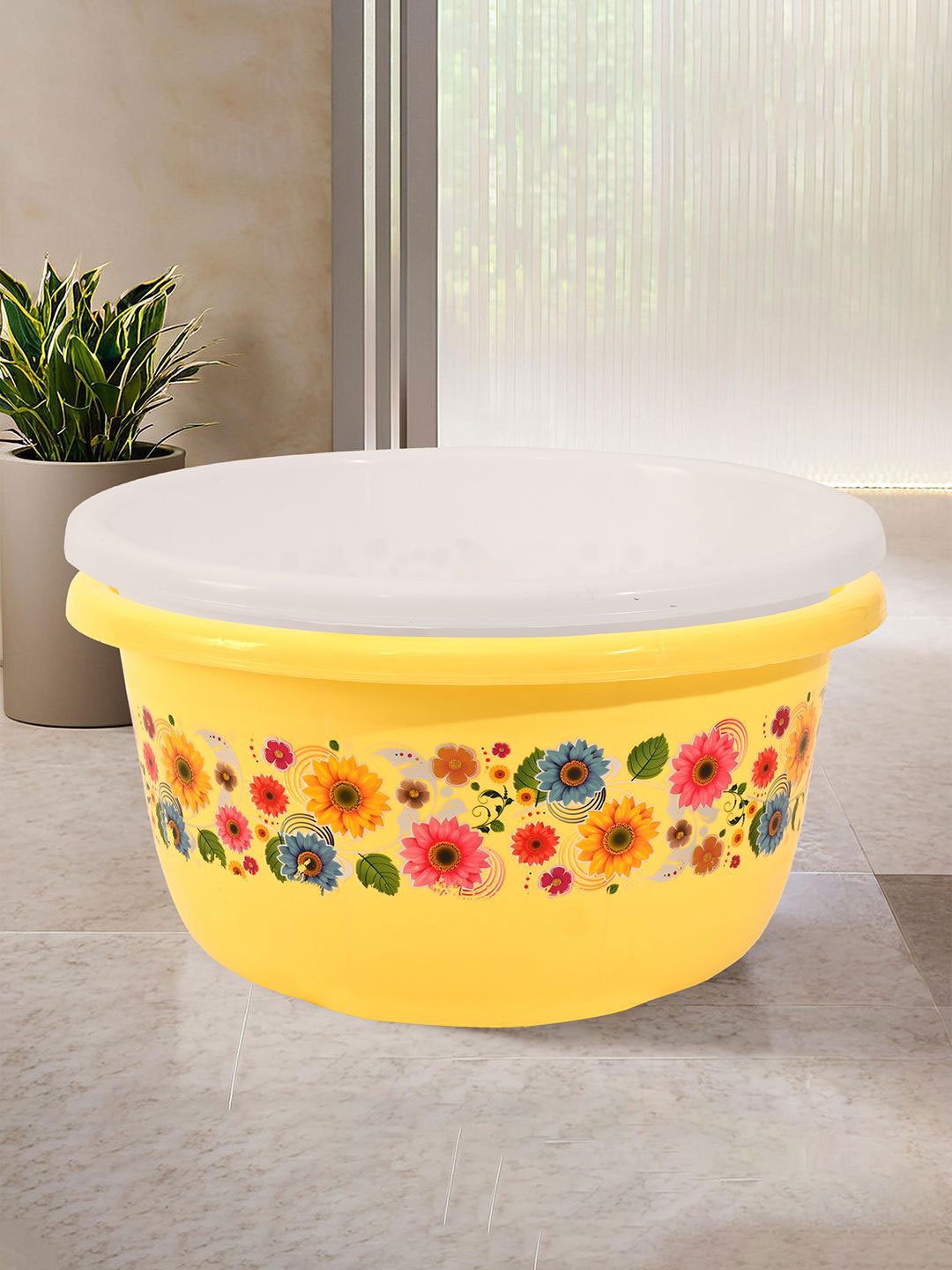 

Kuber Industries White & Yellow 2 Pieces Floral Printed Matte Bath Tub