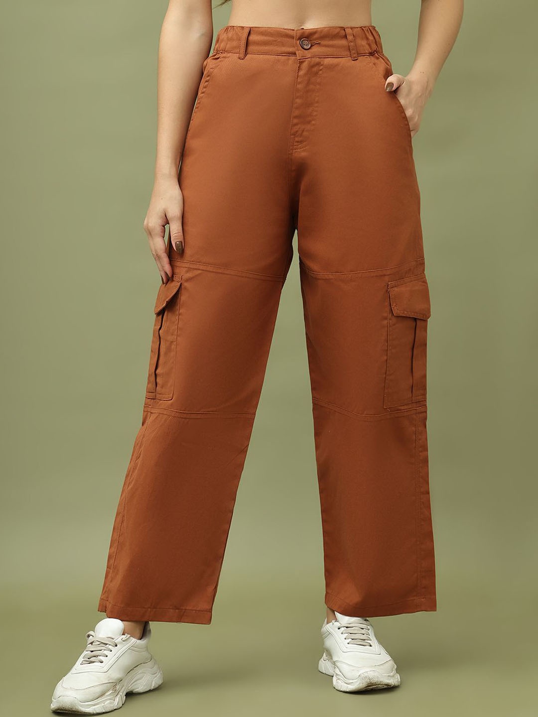 

TAG 7 Women Cotton Relaxed Straight Leg Straight Fit High-Rise Cargos, Rust