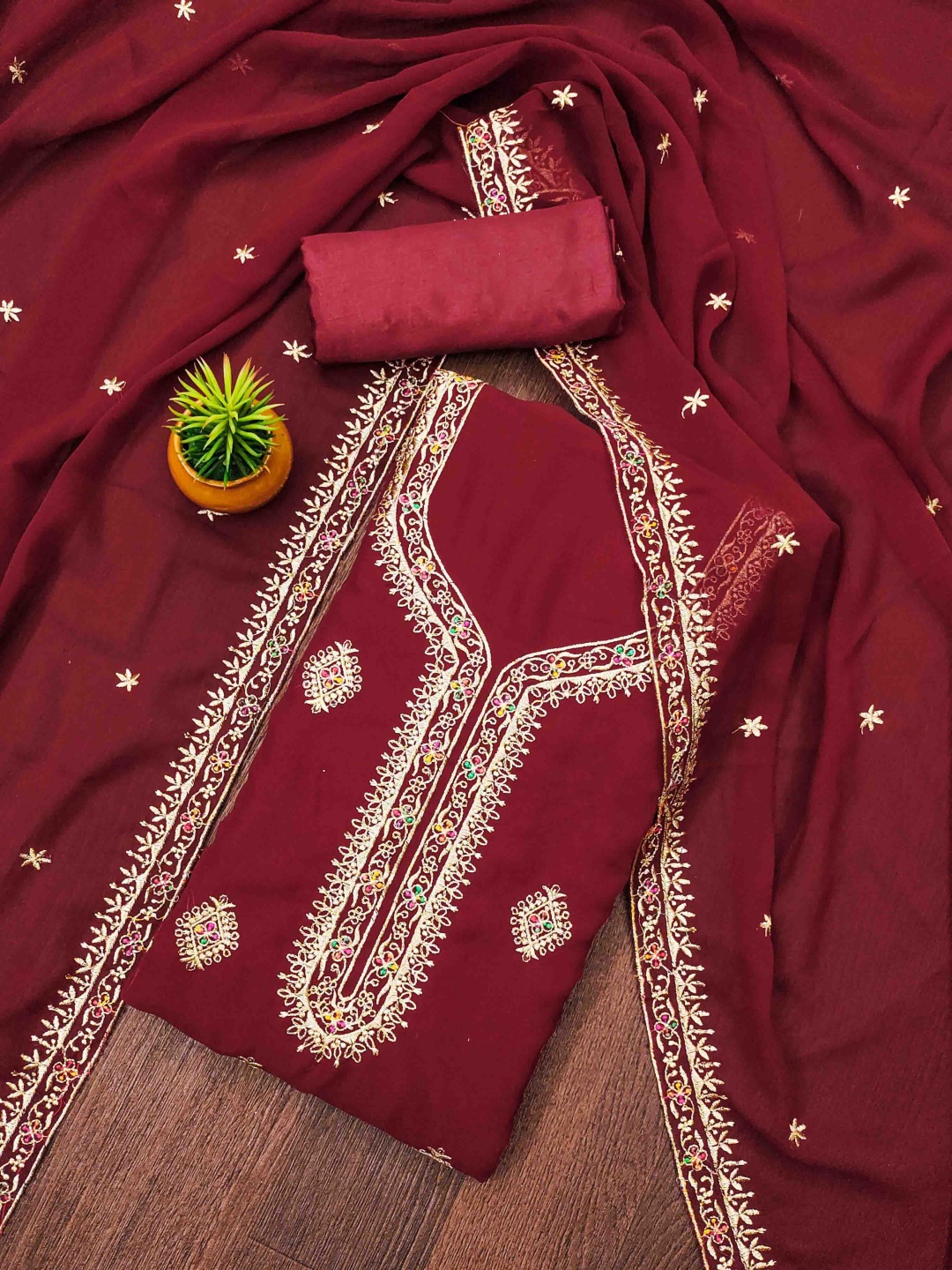 

MANVAA Embellished Unstitched Dress Material, Maroon