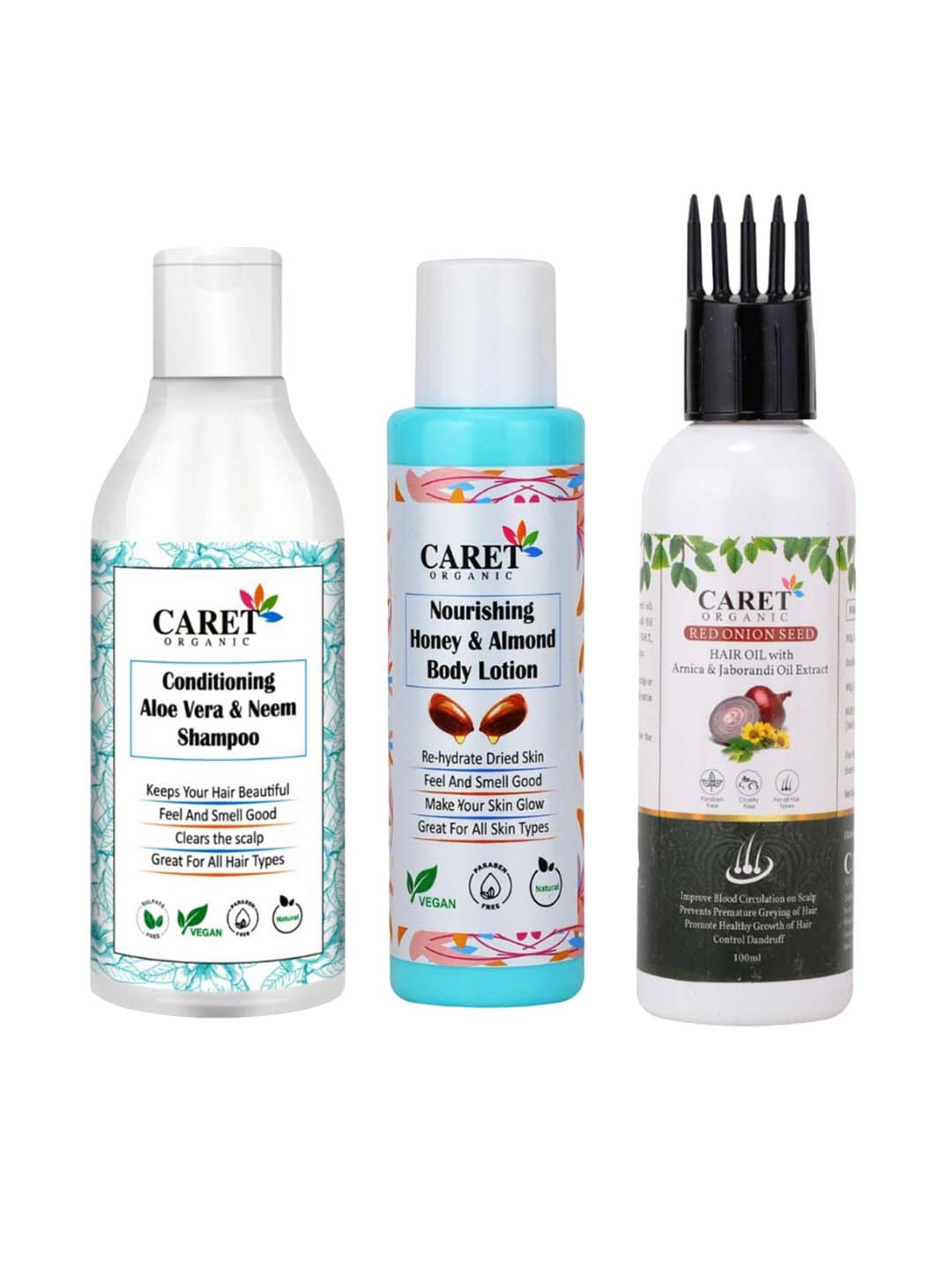 

CARET ORGANIC Set of 3 Shampoo - Body Lotion & Hair Oil - Bath & Body Combo, White
