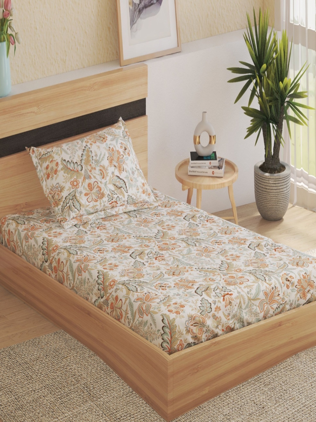 

Home Centre Oxford Brown & White Floral Cotton 200 TC Single Bedsheet Set-2.28 m x 1.52 m