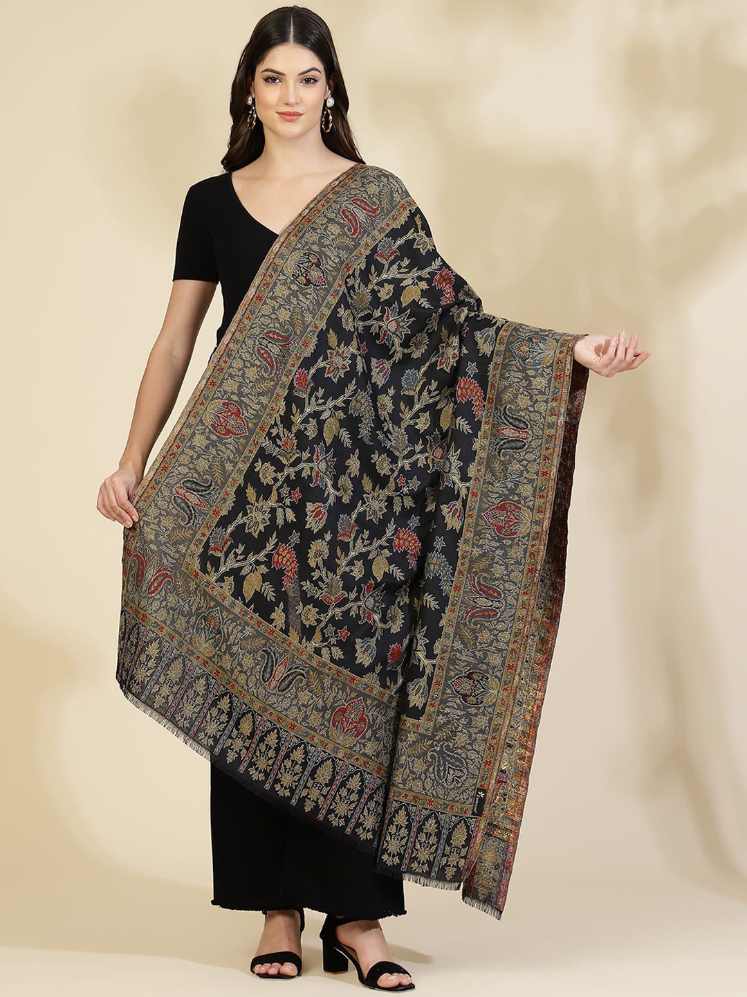 

Zamour Floral Woven Design Kani Weave Zari Woollen Shawl, Black