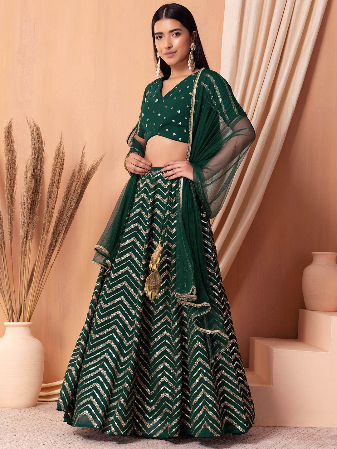 

FABPIXEL Embroidered Sequinned Ready to Wear Lehenga & Blouse With Dupatta, Green