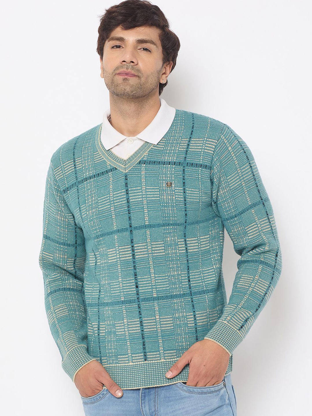 

Duke Men V-Neck Checked Pullover, Green
