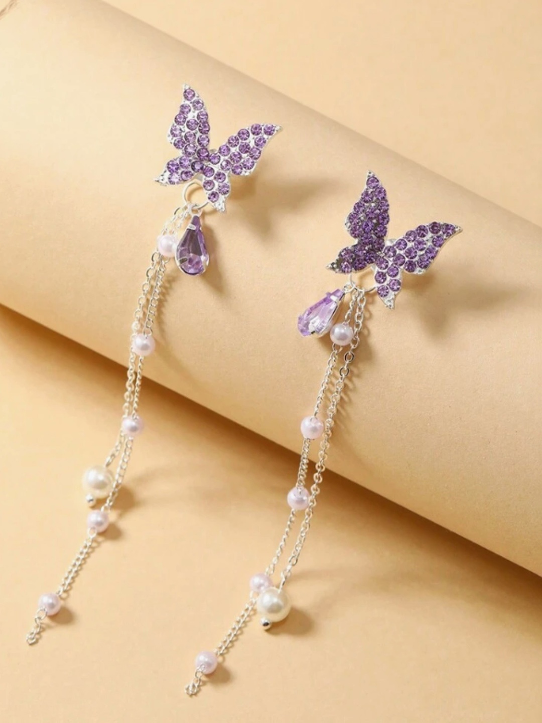 

SUBHAGALANKAR Silver Plated Artificial Stones and Beads Butterfly Shaped Drop Earrings, Purple