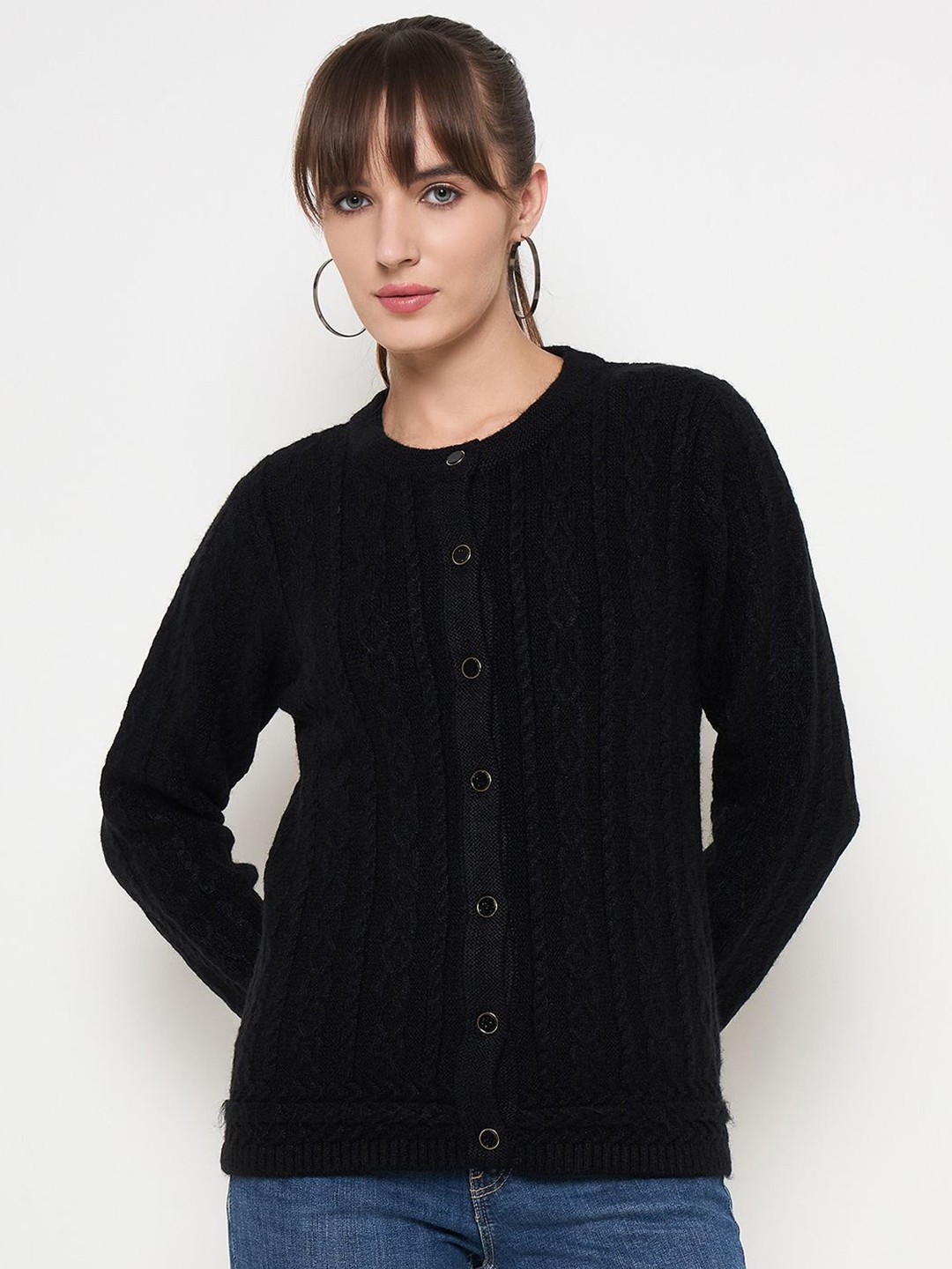 

Madame Women Ribbed Long Sleeves Cardigan Sweater, Black