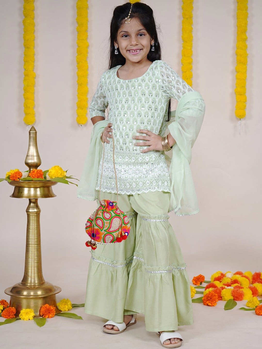 

KiddoPanti Girls Floral Embroidered Straight Kurta with Sharara & Dupatta, Green