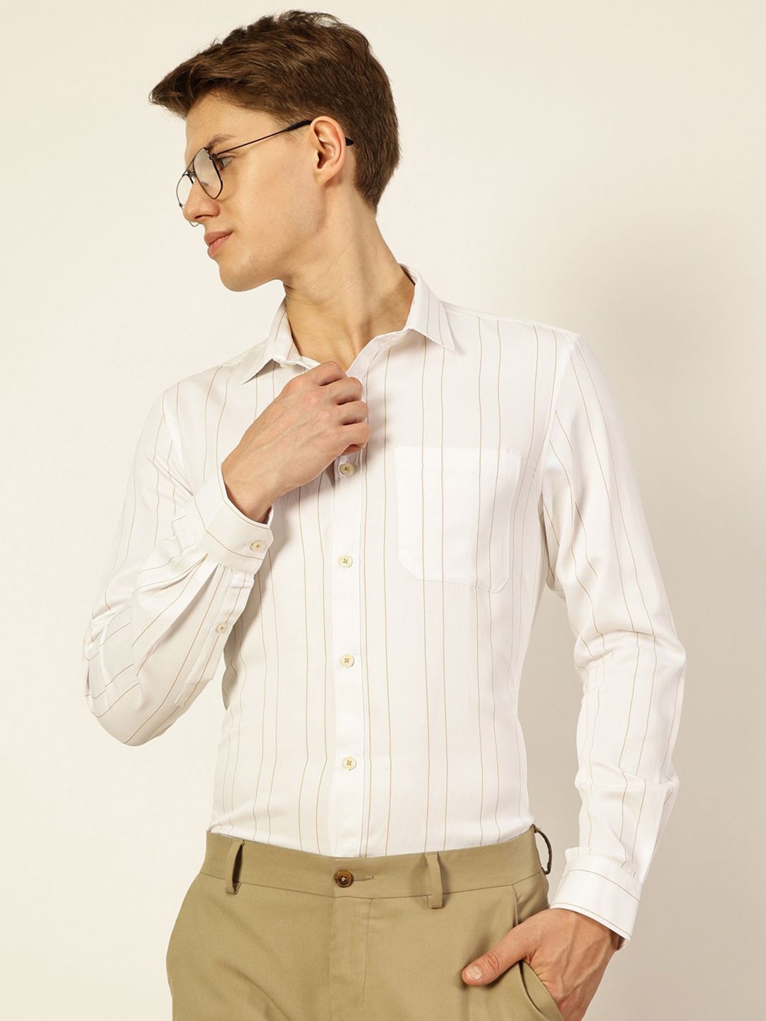 

Thomas Scott Men Smart Spread Collar Vertical Striped Cotton Formal Shirt, White
