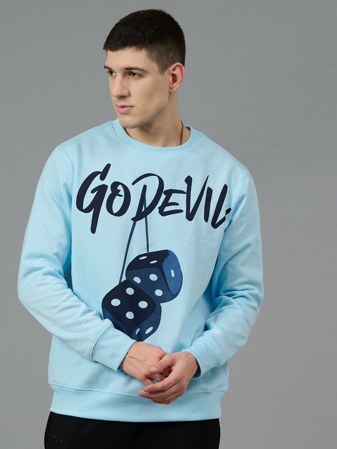 

GO DEVIL Men Brand Logo Printed Woollen Oversized Round Neck Long Sleeves Sweatshirt, Blue