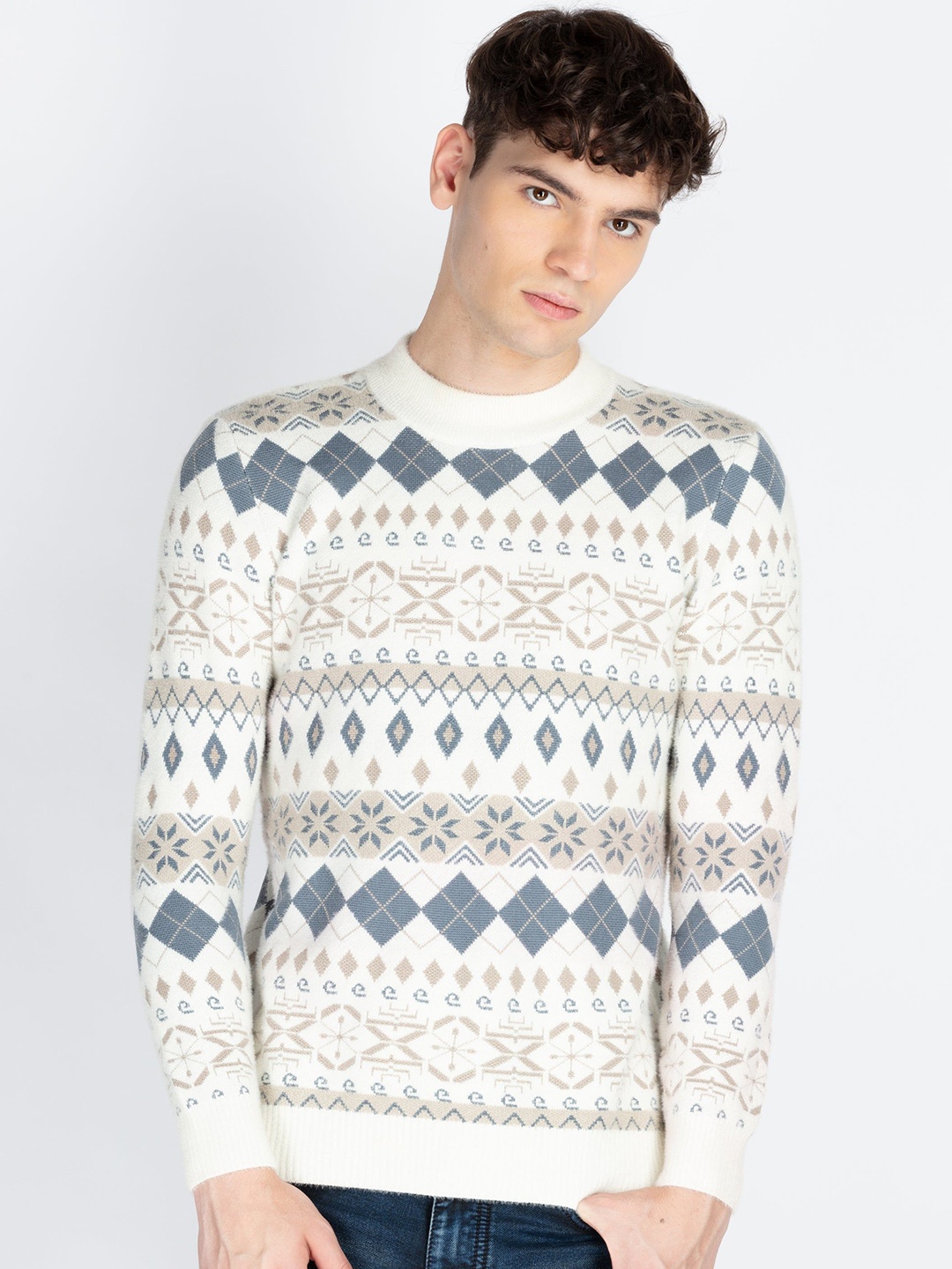 

Status Quo Men Geometric Self Design Pullover Sweaters, Off white