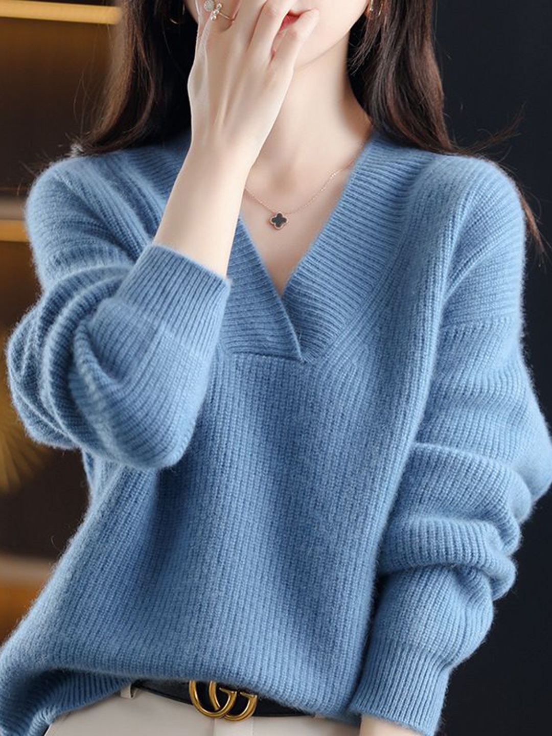 

StyleCast Women Striped V- Neck Pullover Sweater, Blue