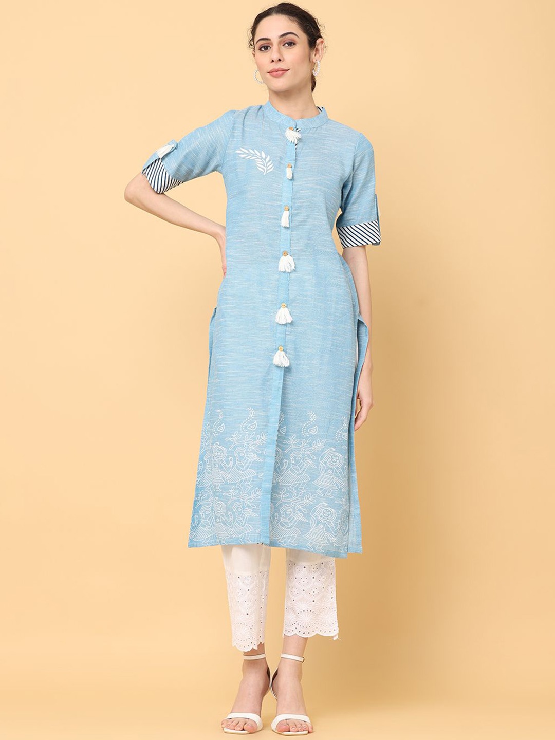 

all about you Ethnic Motifs Printed Mandarin Collar Roll-Up Sleeves Cotton Straight Kurta, Turquoise blue