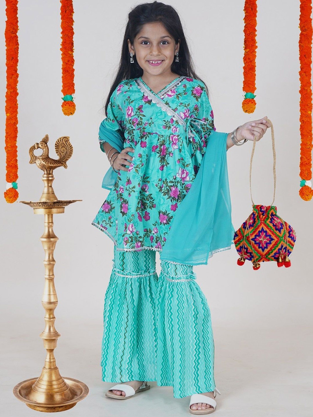 

KiddoPanti Girls Floral Printed Pure Cotton A Line Kurta with Sharara & Dupatta, Green