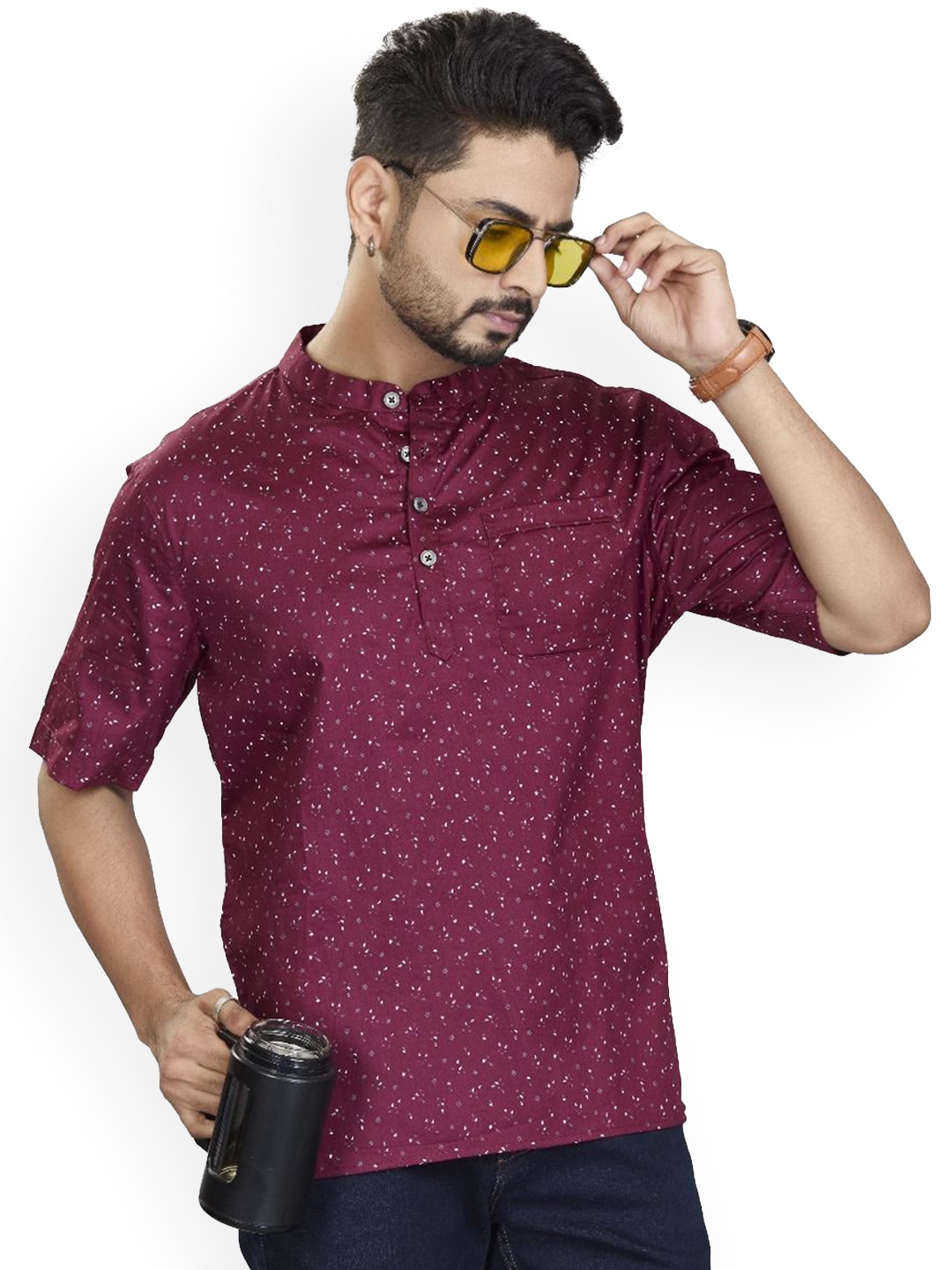 

Authentics Astro Abstract Printed Mandarin Collar Cotton Satin Short Kurta, Maroon