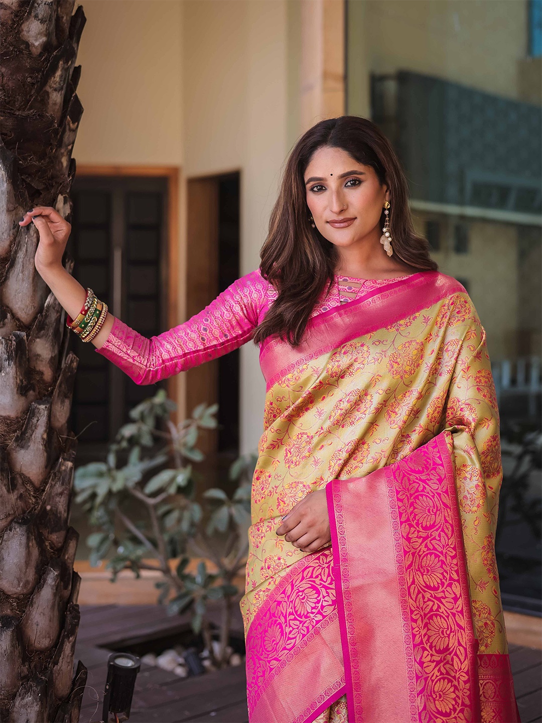 

KIMISHA Floral Woven Design Zari Dharmavaram Saree, Mustard