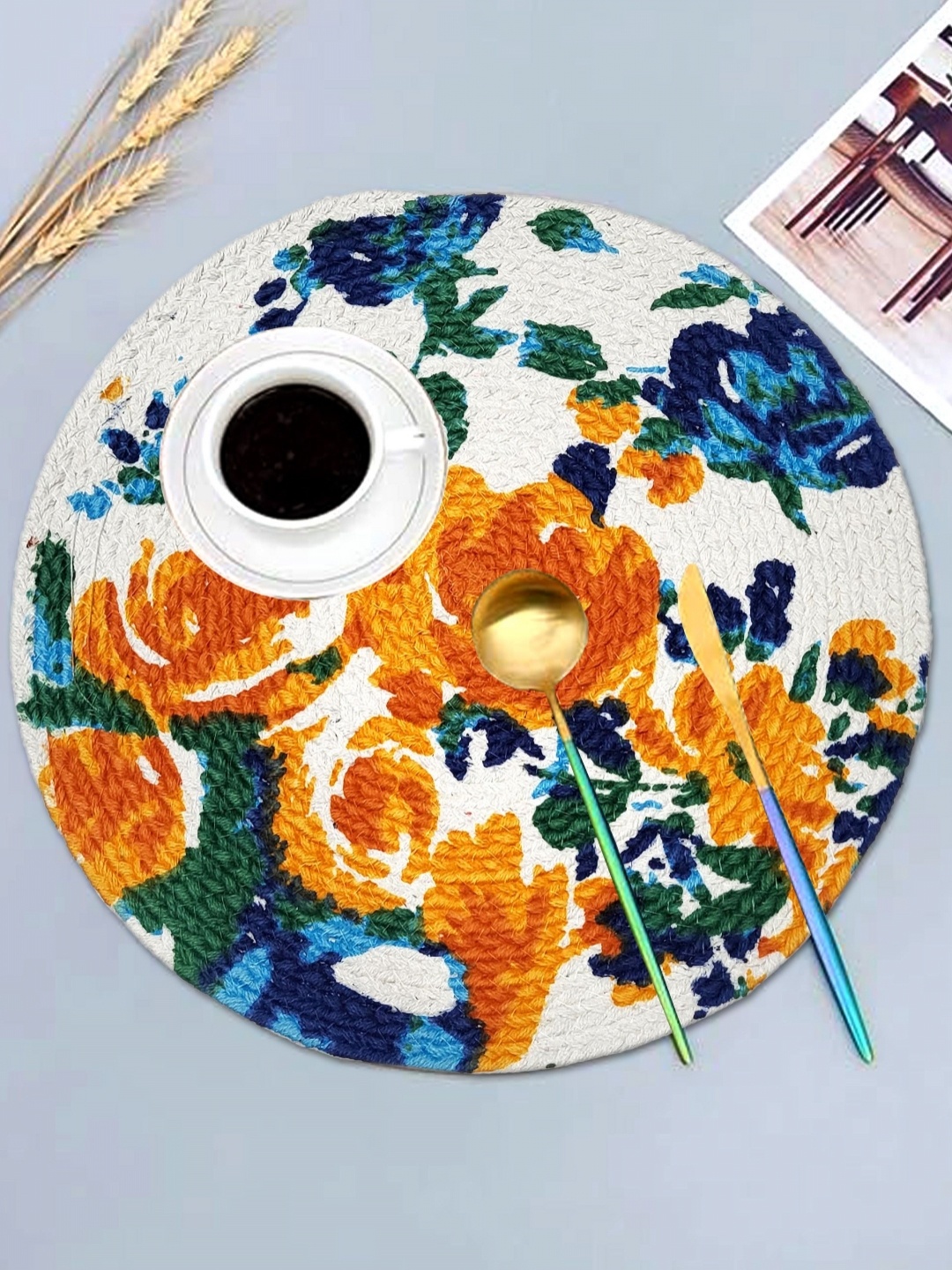 

ANA 2-Pcs Orange Colored & Blue Woven Design Pure Cotton Table Placemats