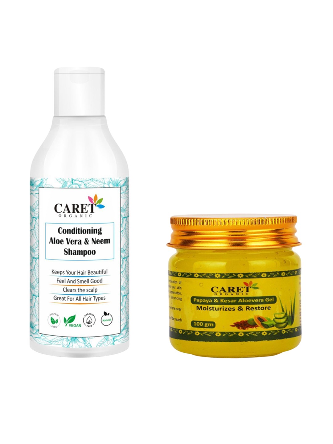 

CARET ORGANIC Set Of 2 Aloevera & Neem Shampoo - 300 ml & Papaya Aloevera Gel Combo- 100 g, White