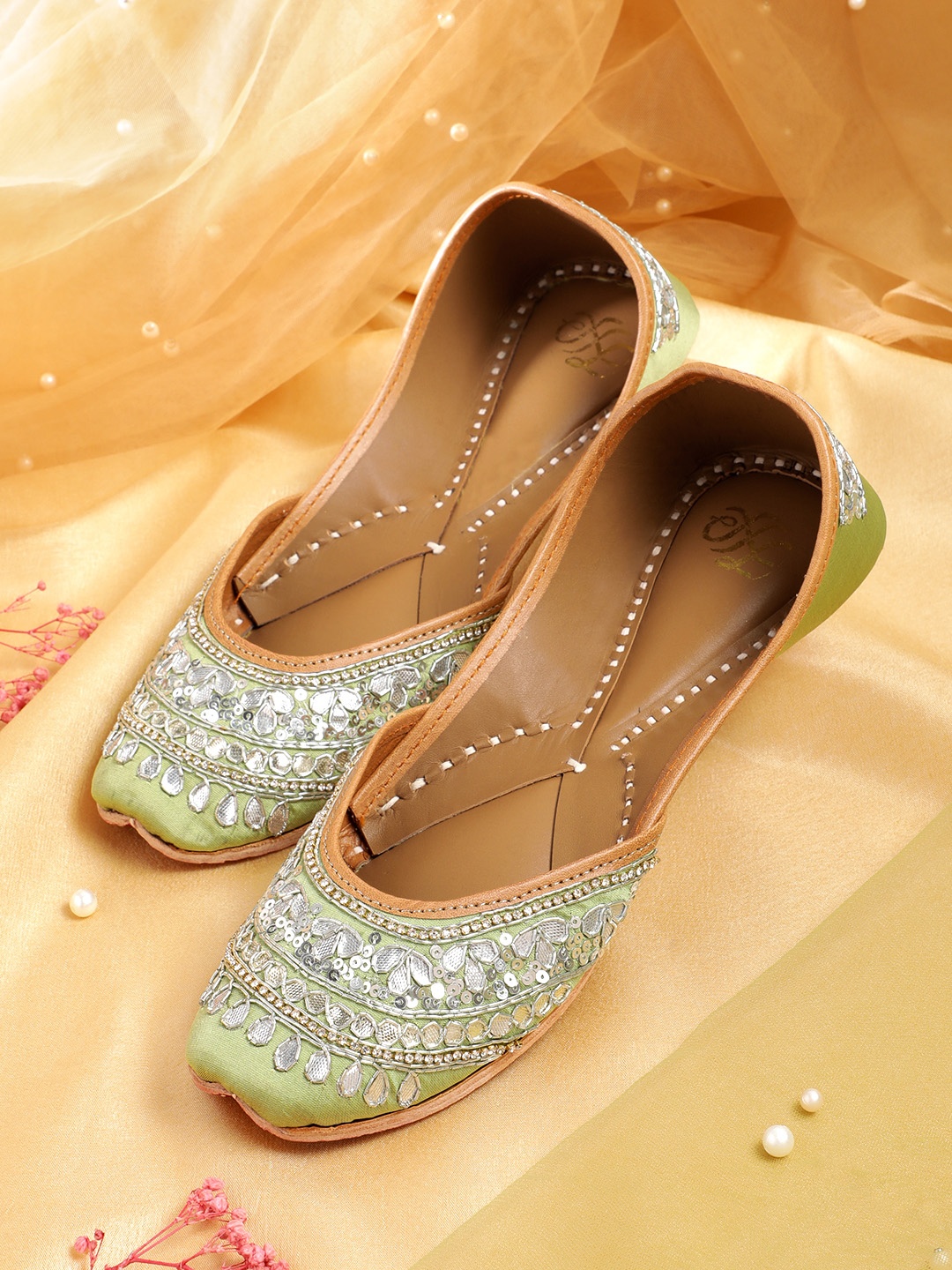 

House of Pataudi Women Ethnic Embellished Mojaris, Green