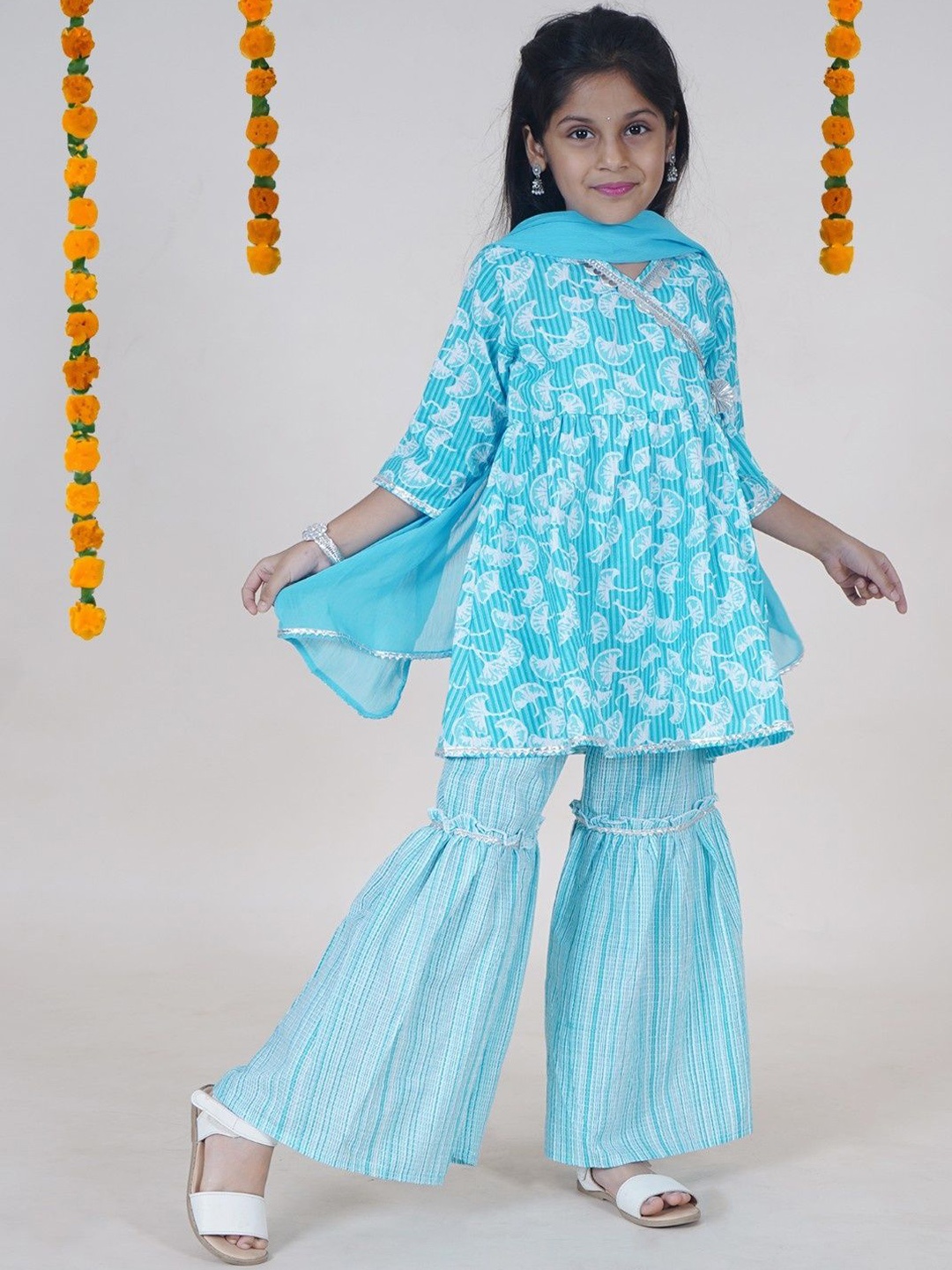 

KiddoPanti Girls Floral Printed Pure Cotton A Line Kurta with Sharara & Dupatta, Blue