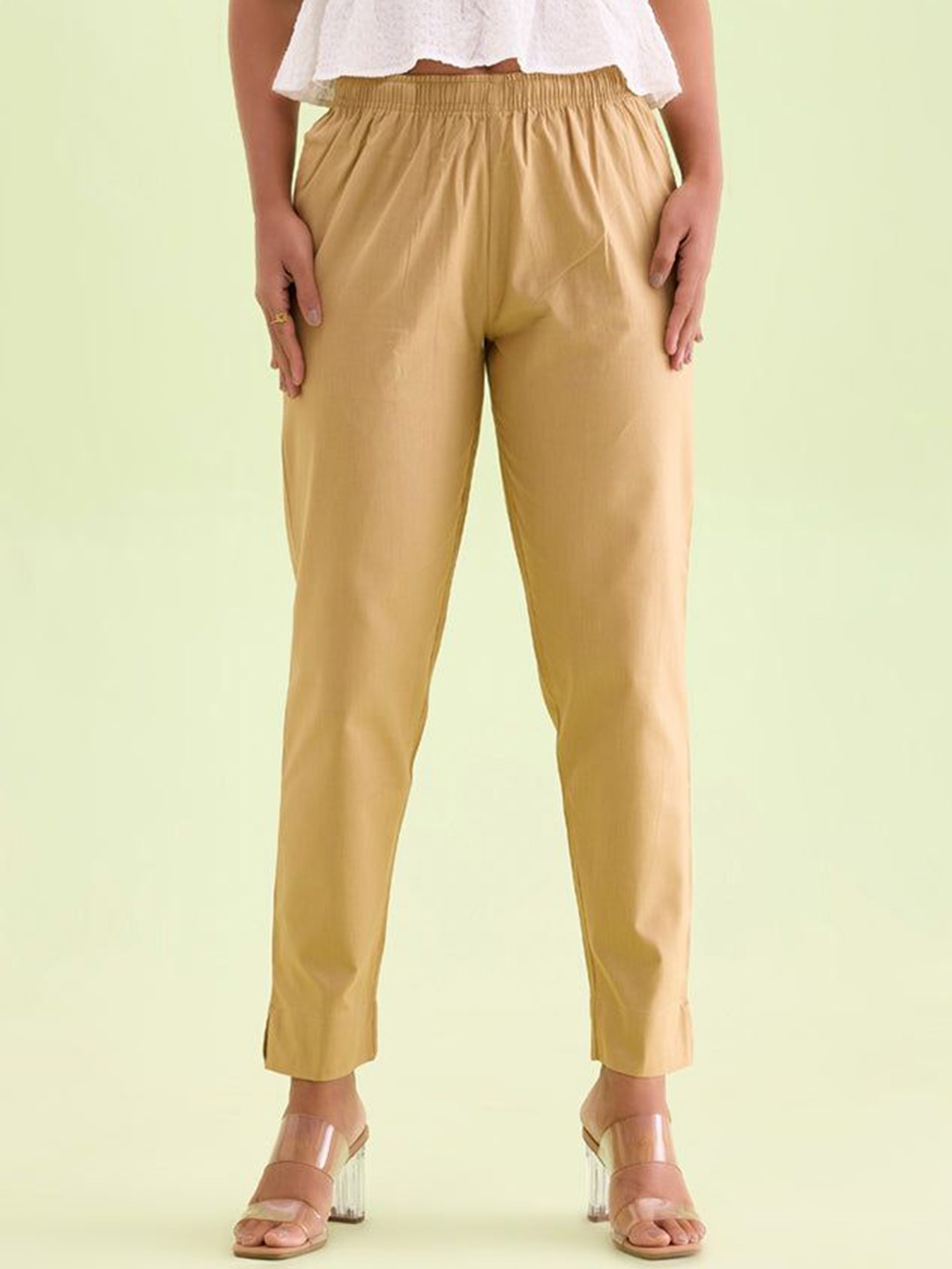 

IndianRang Women Relaxed Straight Leg Cotton Mid-Rise Regular Fit Trousers, Beige