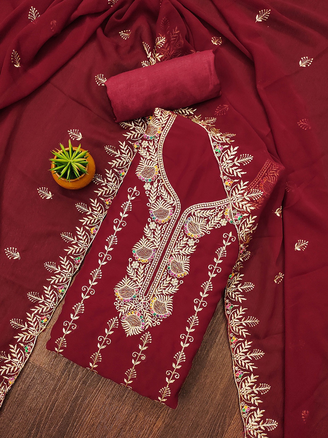 

MANVAA Floral Embellished Unstitched Dress Material, Maroon