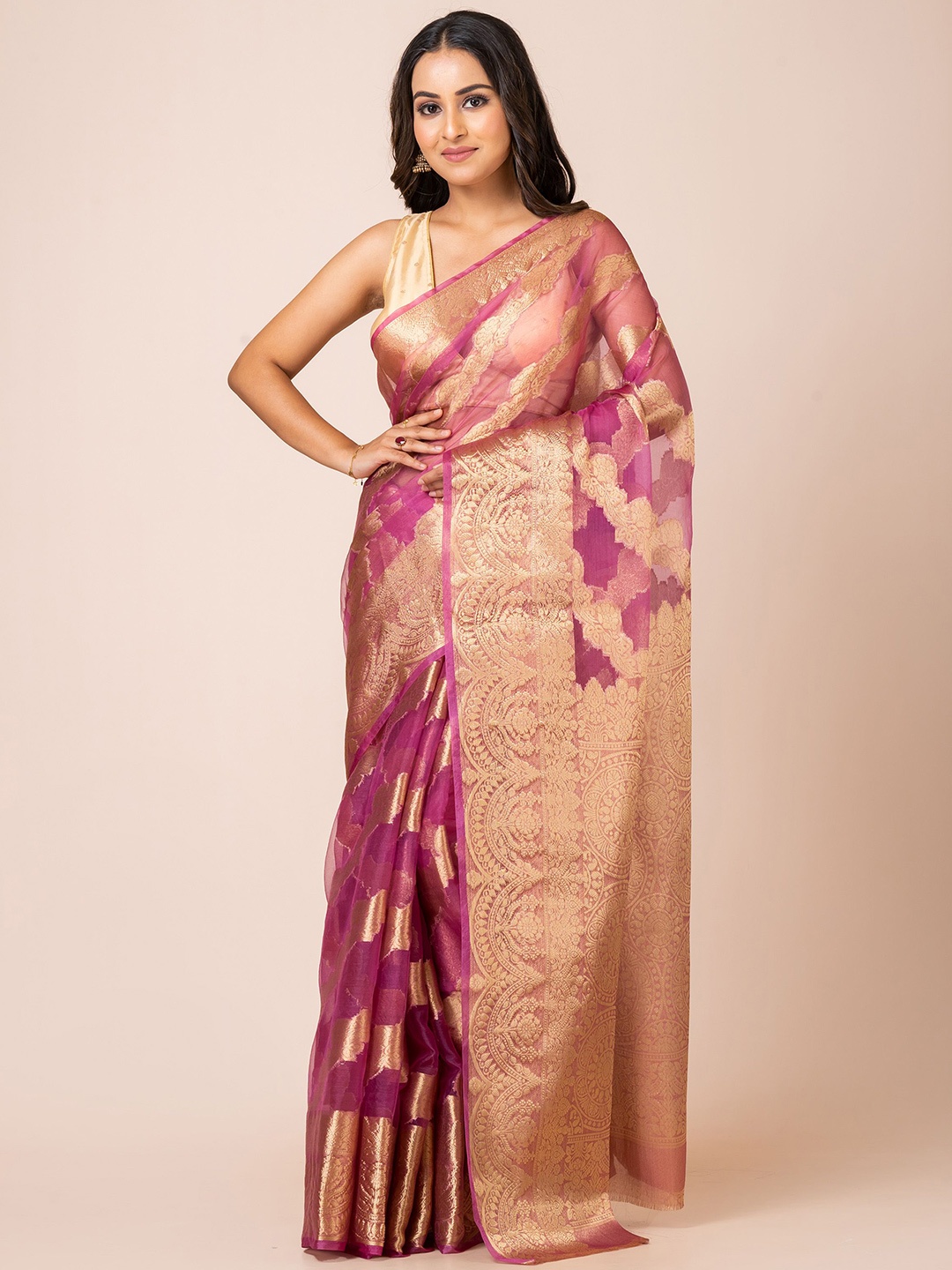 

KAVVYA Woven Design Zari Art Silk Banarasi Saree With Blouse Piece, Magenta