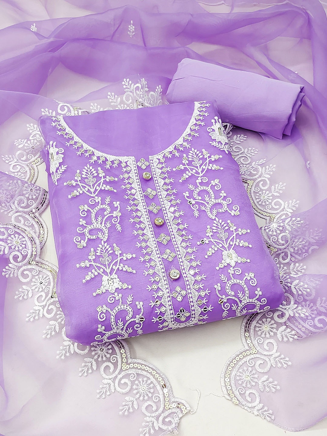 

MANVAA Floral Embroidered Sequinned Organza Unstitched Dress Material, Lavender