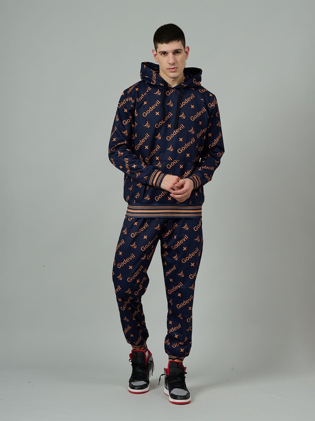 

GO DEVIL Typographic Printed Hooded Oversized Woollen Fleece Sweatshirt With Joggers, Navy blue