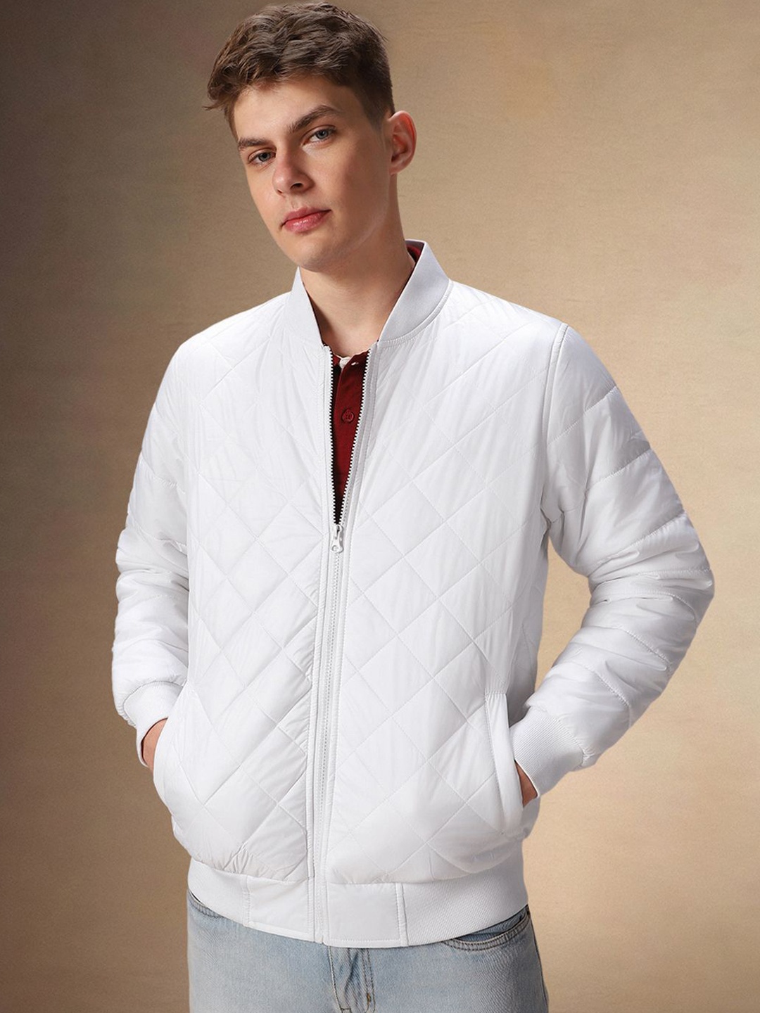 

Dennis Lingo Men Stand Collar Solid Casual Quilted Jacket, White