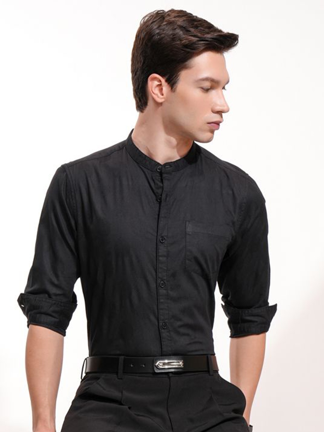 

Highlander Men Dobby Textured Solid Mandarin Collar Casual Shirt, Black