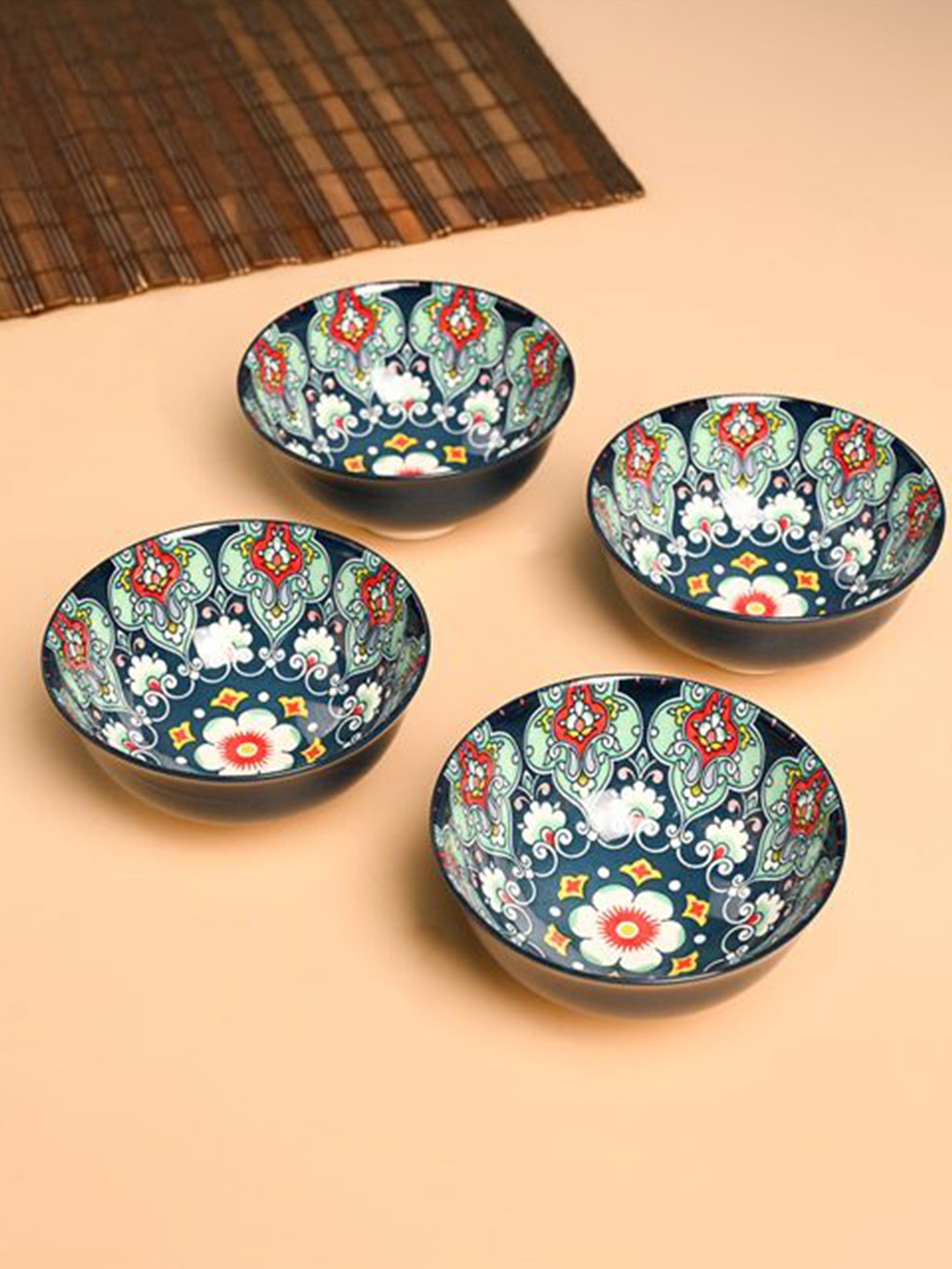 

MARKET99 Blue & Red 4 Pieces Printed Ceramic Glossy Bowls 300 ml