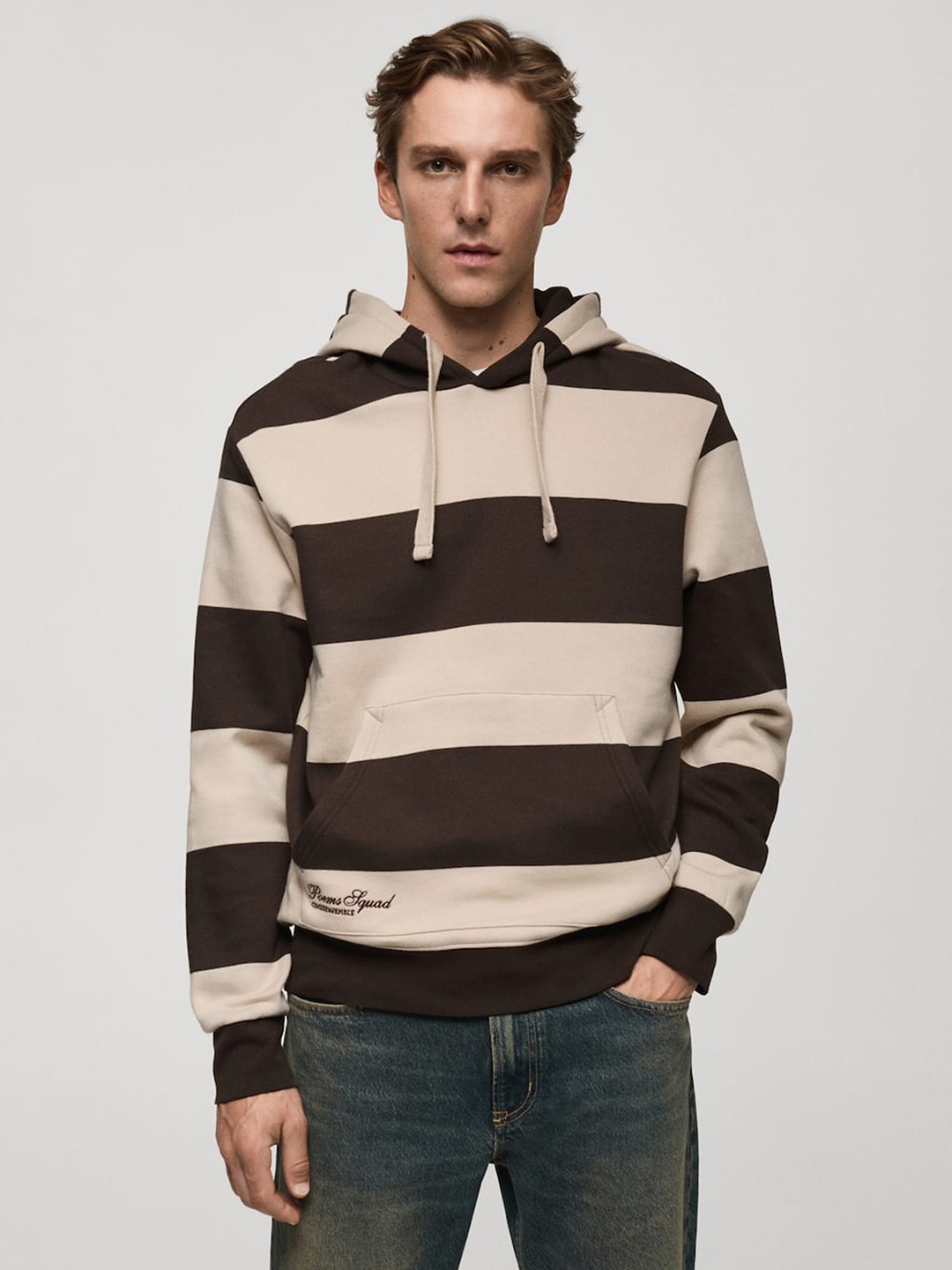 

MANGO MAN Striped Pure Cotton Hooded Sweatshirt, Brown