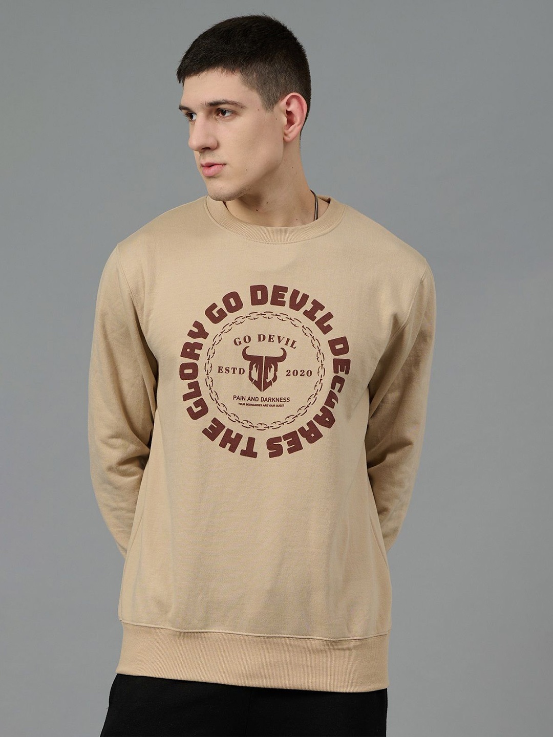 

GO DEVIL Men Brand Logo Printed Woolen Winter Sweatshirt, Beige