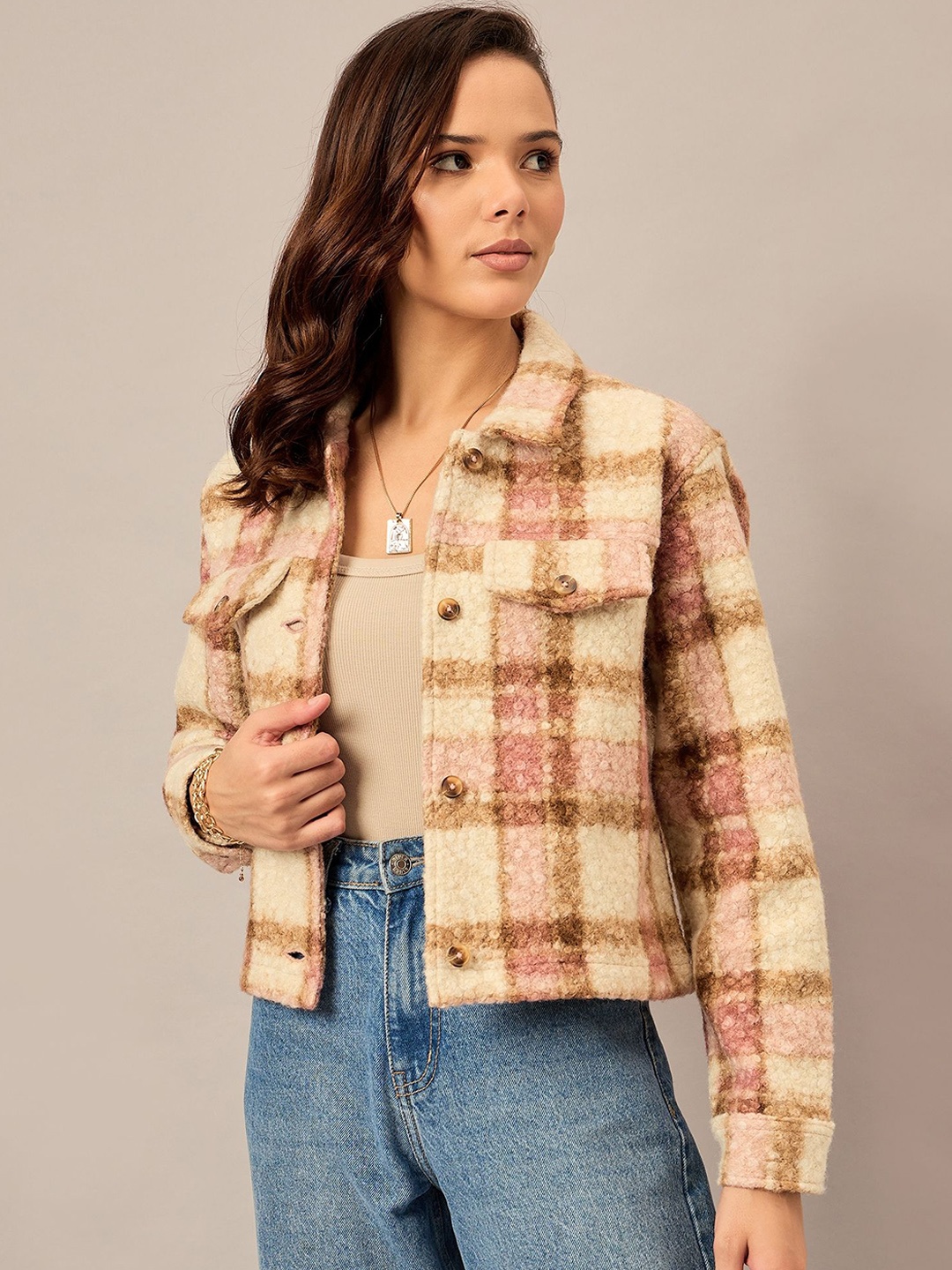 

REPRISE Women Spread Collar Checked Casual Tailored Jacket, Beige