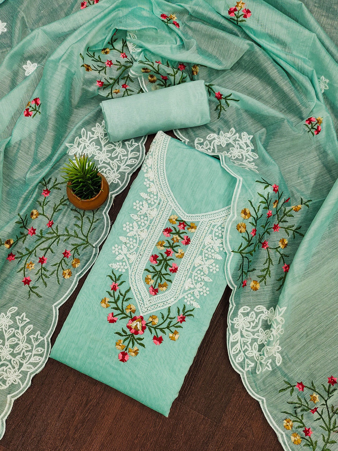 

MANVAA Floral Embroidered Sequinned Unstitched Dress Material, Sea green