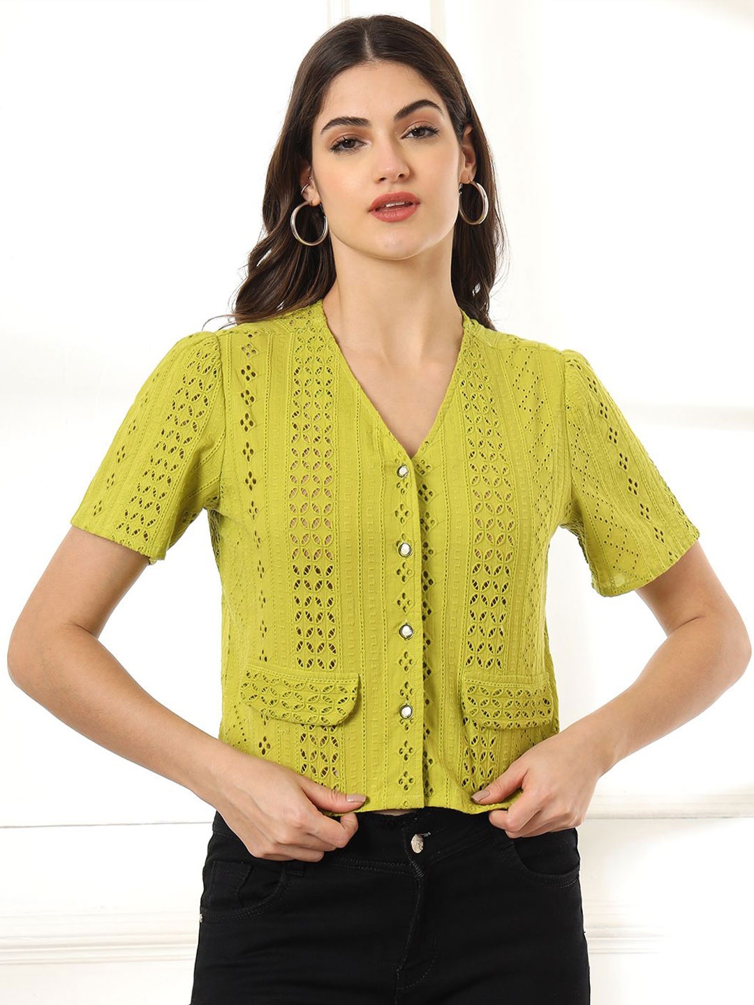 

CHARMGAL Women Self Design Crop Shirt Style Top, Lime green