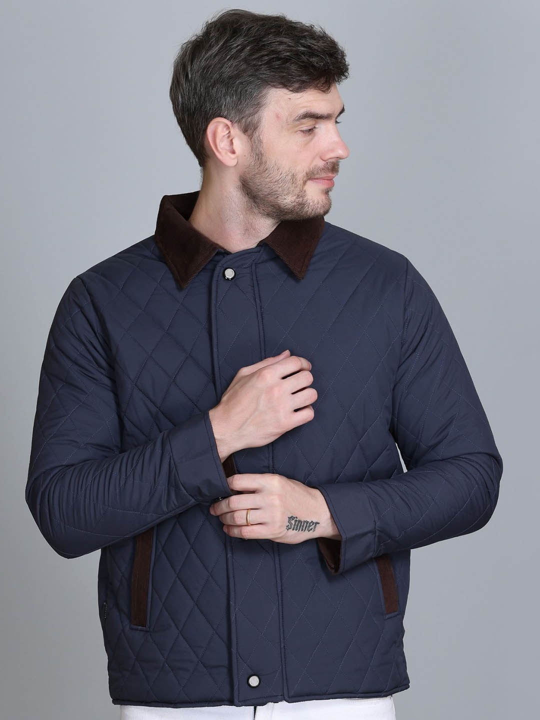 

Roadking Men Spread Collar Solid Casual Quilted Jacket, Navy blue