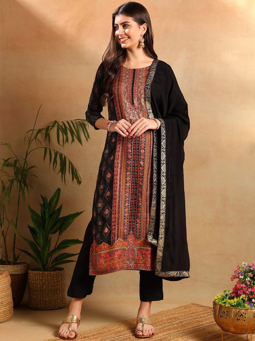 

AHIKA Black Ethnic Motifs Printed Round Neck Straight Kurta With Trousers & Dupatta