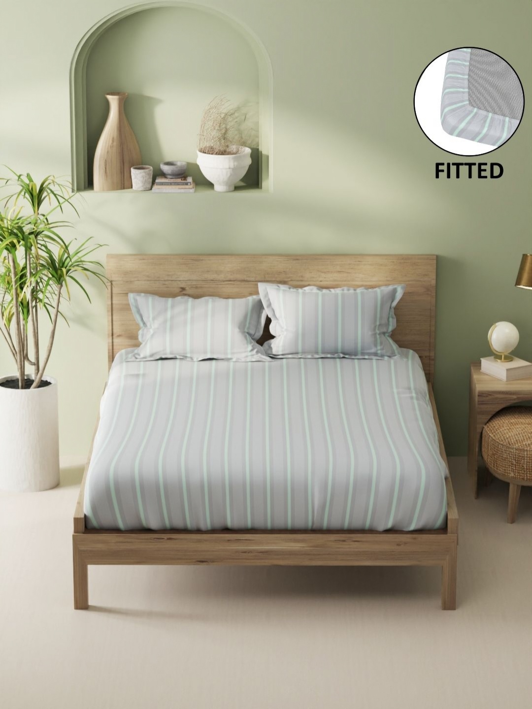 

BIANCA Aurellia Grey & Green Striped Cotton 144 TC King Fitted Bedsheet Set 1.98 x 1.83m